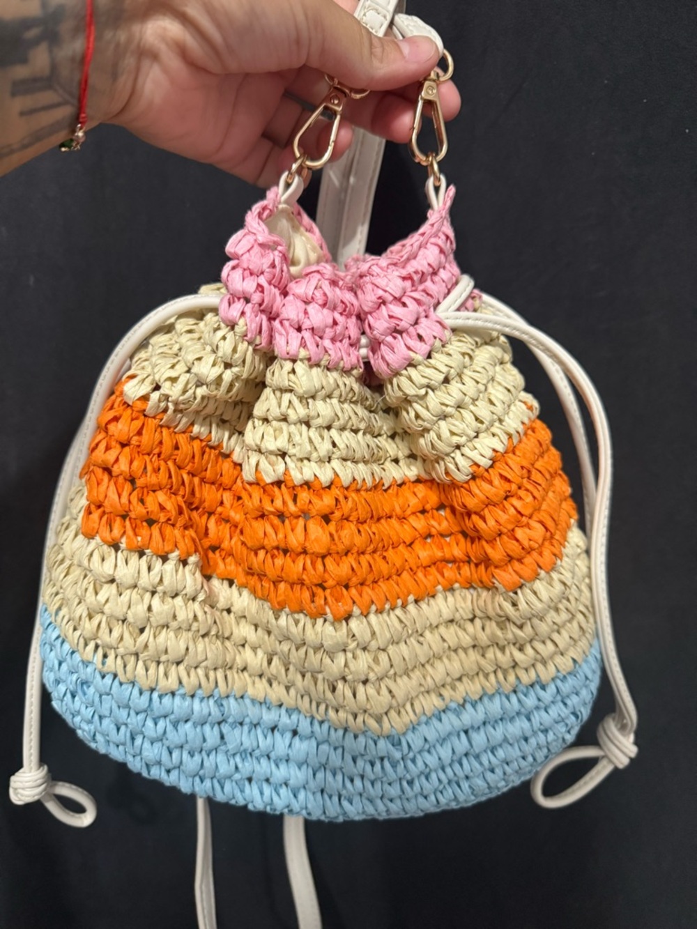 Handwoven Crochet Drawstring Crossbody Bag - Pink, Cream, Orange, Blue